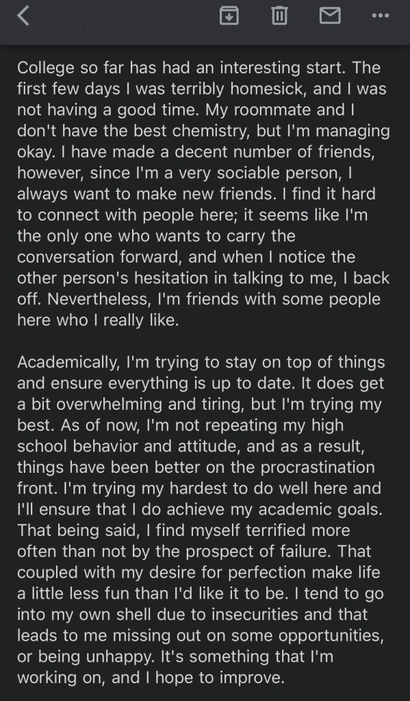 Screenshot of an email detailing how I had difficulties adjusting to college life. 